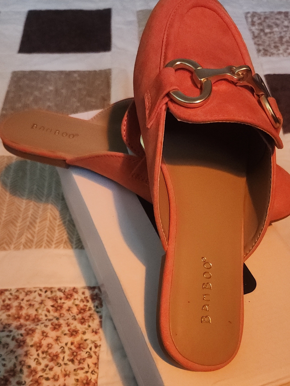 BAMBOO Coral-Orange Slip-On Mule with Gold Hardware